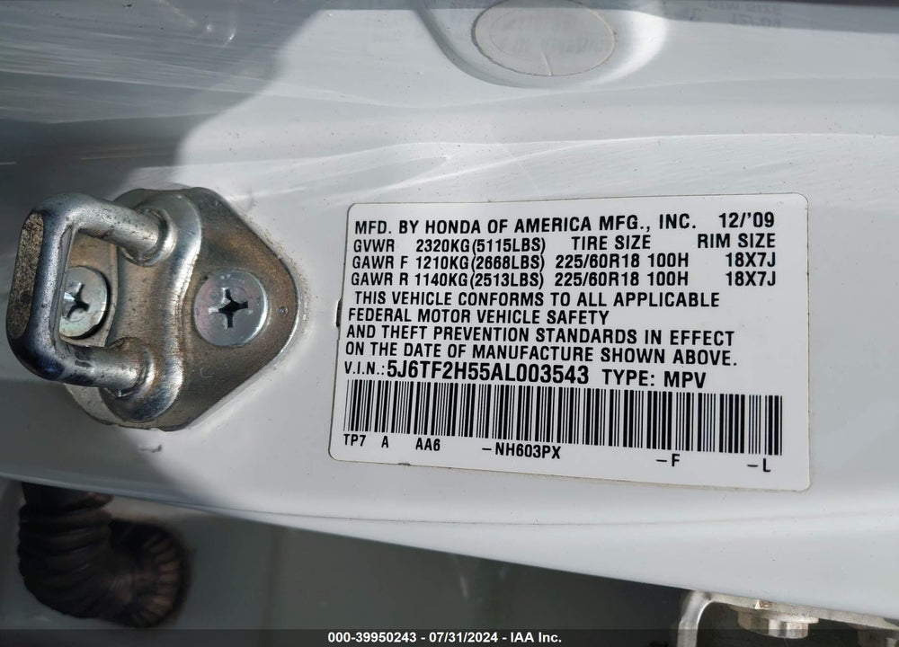2010 HONDA ACCORD CROSSTOUR EX-L VIN: 5J6TF2H55AL003543