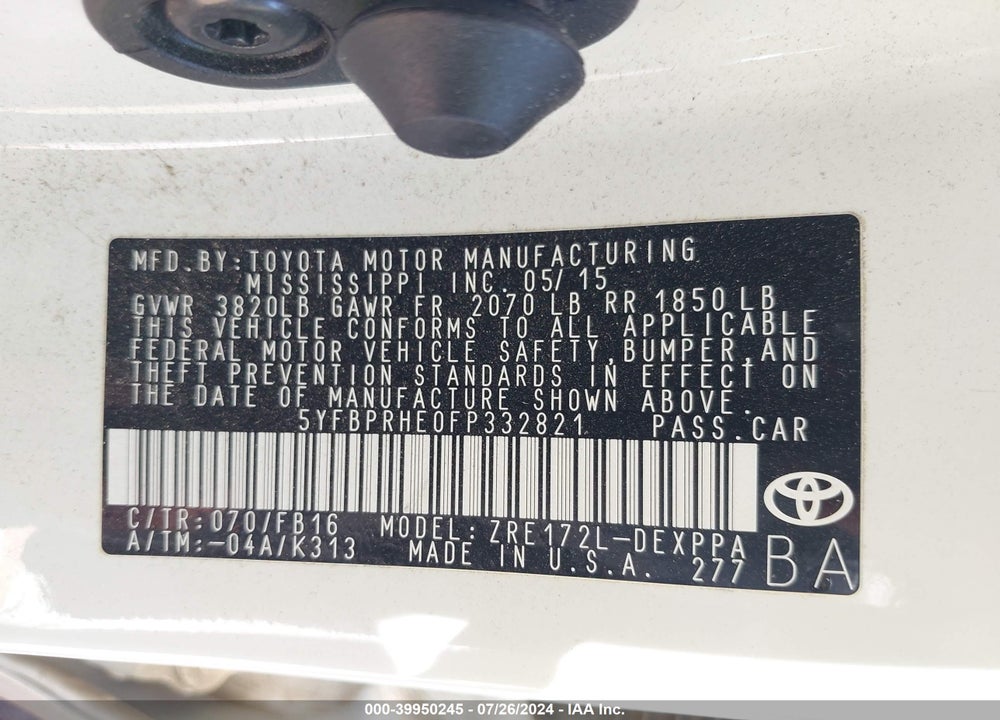 2015 TOYOTA COROLLA LE ECO PLUS VIN: 5YFBPRHE0FP332821