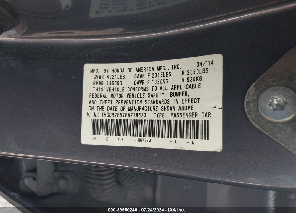 2014 HONDA ACCORD SPORT VIN: 1HGCR2F57EA218523