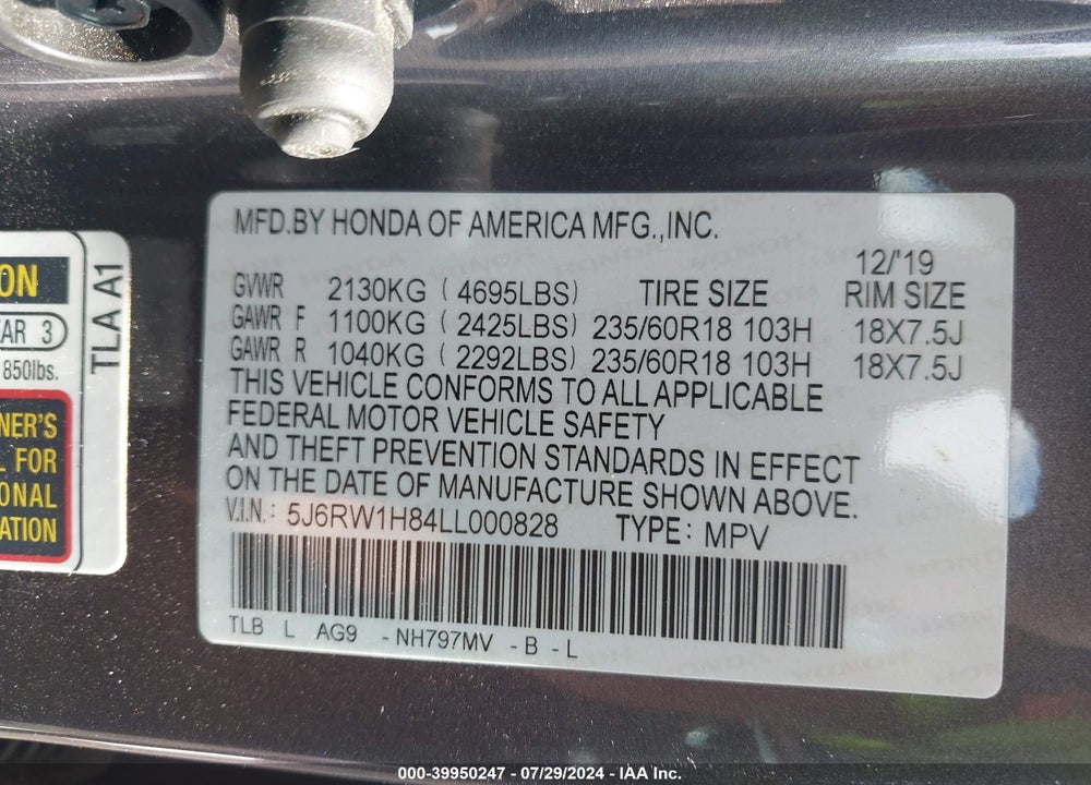 2020 HONDA CR-V 2WD EX-L VIN: 5J6RW1H84LL000828