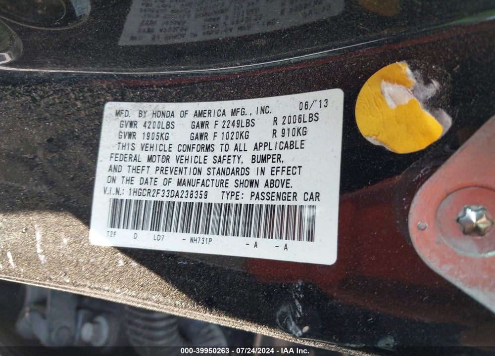 2013 HONDA ACCORD LX VIN: 1HGCR2F33DA238359