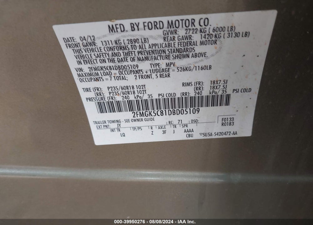 2013 FORD FLEX SEL VIN: 2FMGK5C81DBD05109