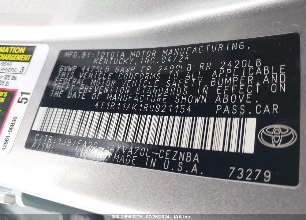 2024 TOYOTA CAMRY LE VIN: 4T1R11AK1RU921154