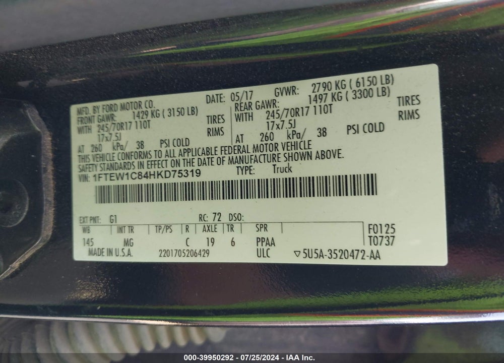 2017 FORD F-150 XLT VIN: 1FTEW1C84HKD75319