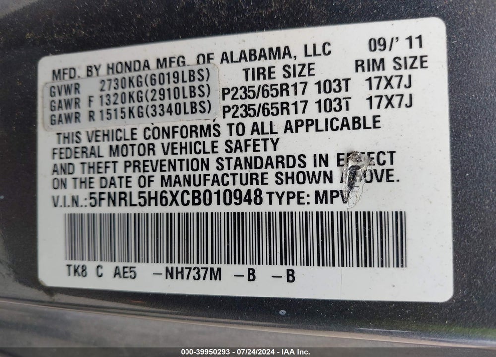 2012 HONDA ODYSSEY EX-L VIN: 5FNRL5H6XCB010948