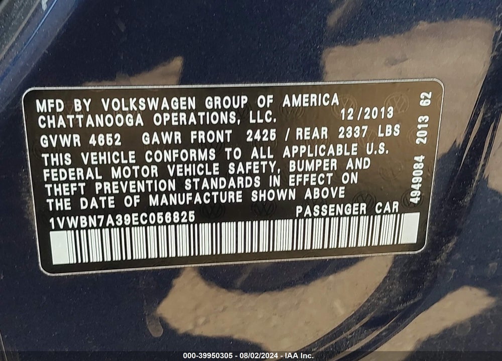 2014 VOLKSWAGEN PASSAT 2.0L TDI SE VIN: 1VWBN7A39EC056825