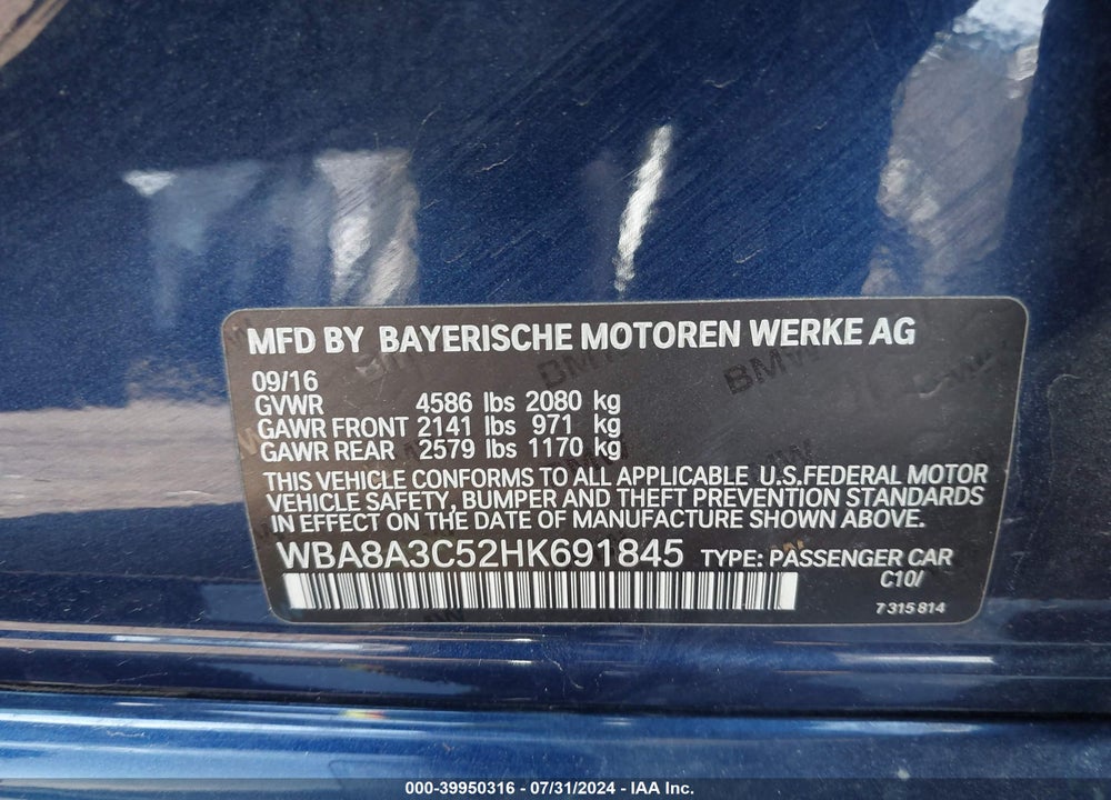2017 BMW 320I XDRIVE VIN: WBA8A3C52HK691845