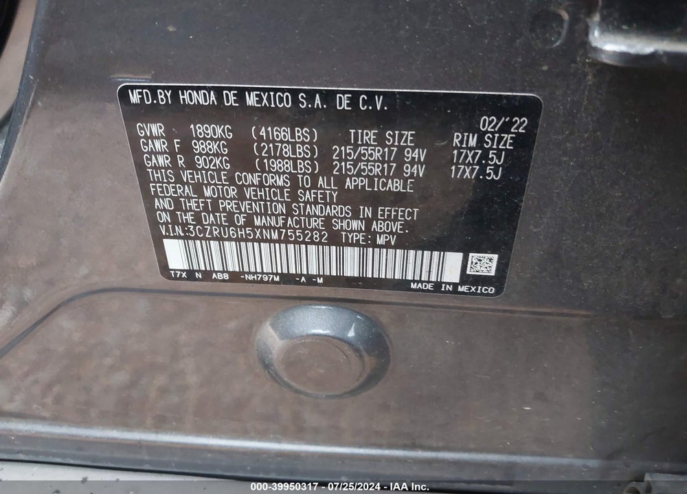 2022 HONDA HR-V AWD EX VIN: 3CZRU6H5XNM755282