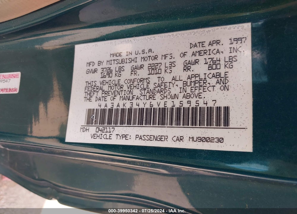1997 MITSUBISHI ECLIPSE RS VIN: 4A3AK34Y6VE159547