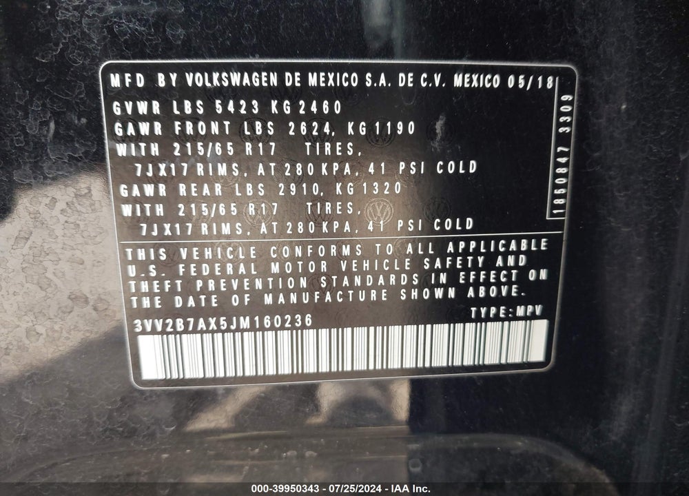 2018 VOLKSWAGEN TIGUAN 2.0T SE/2.0T SEL VIN: 3VV2B7AX5JM160236