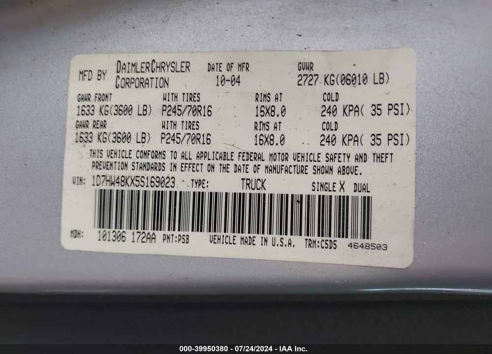 2005 DODGE DAKOTA SLT VIN: 1D7HW48KX5S169023