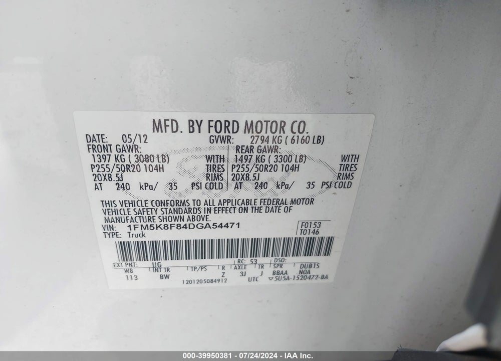 2013 FORD EXPLORER LIMITED VIN: 1FM5K8F84DGA54471