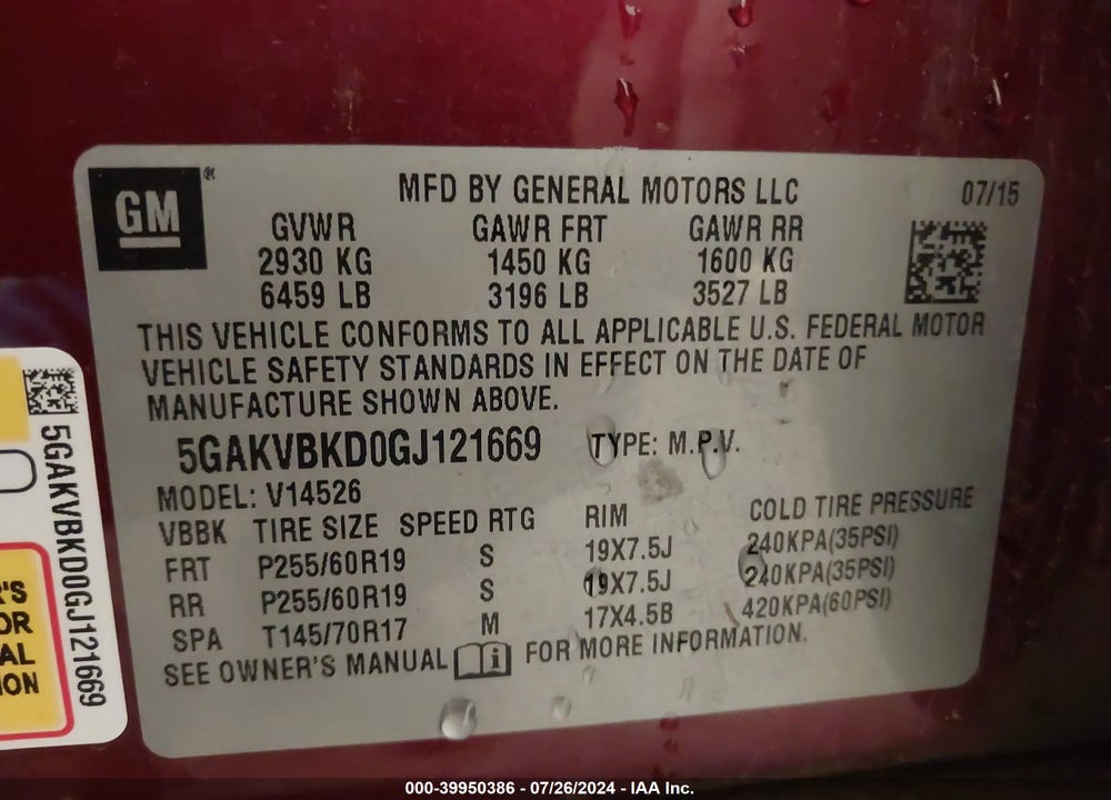 2016 BUICK ENCLAVE LEATHER VIN: 5GAKVBKD0GJ121669