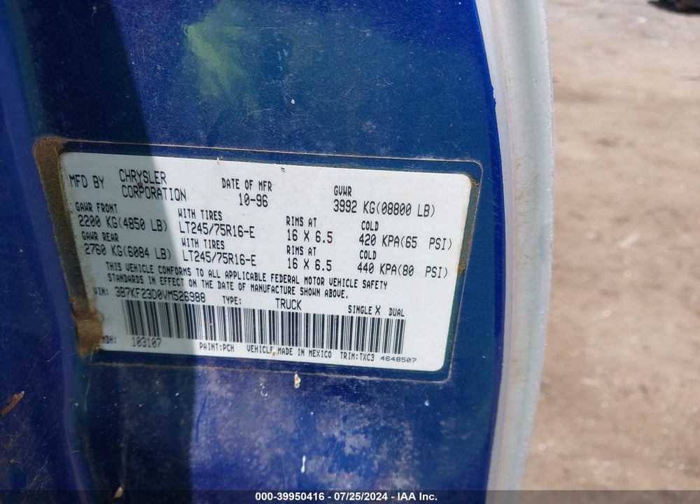 1997 DODGE RAM 2500 ST VIN: 3B7KF23D0VM526988
