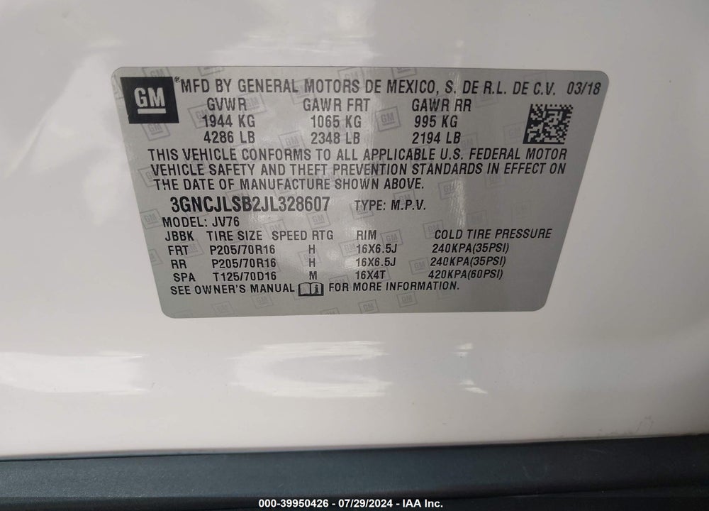 2018 CHEVROLET TRAX LT VIN: 3GNCJLSB2JL328607