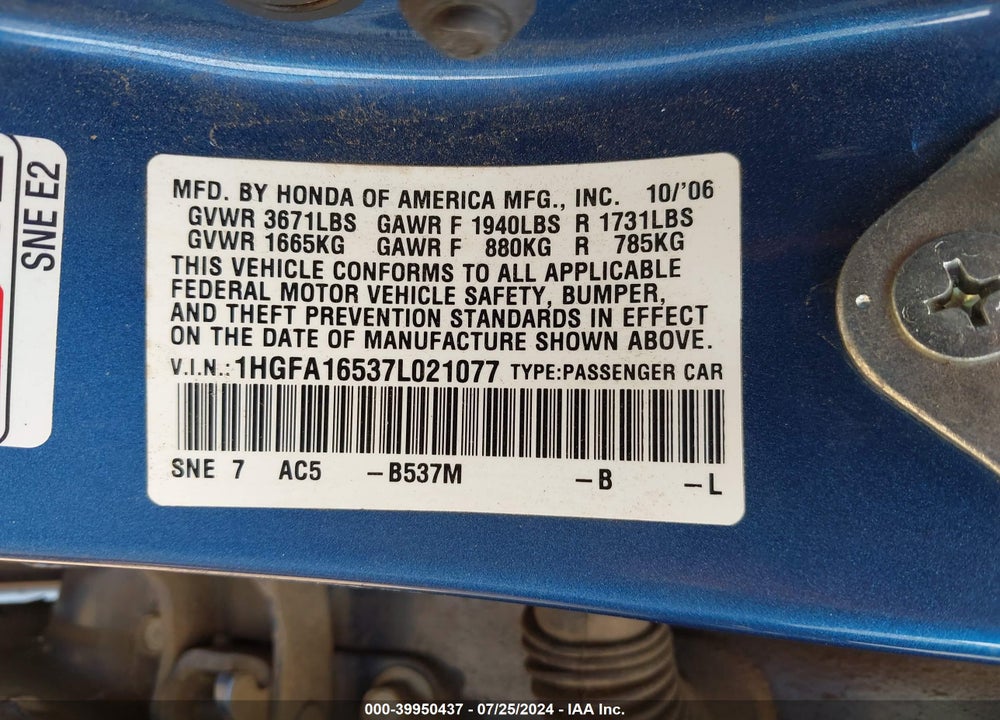 2007 HONDA CIVIC LX VIN: 1HGFA16537L021077