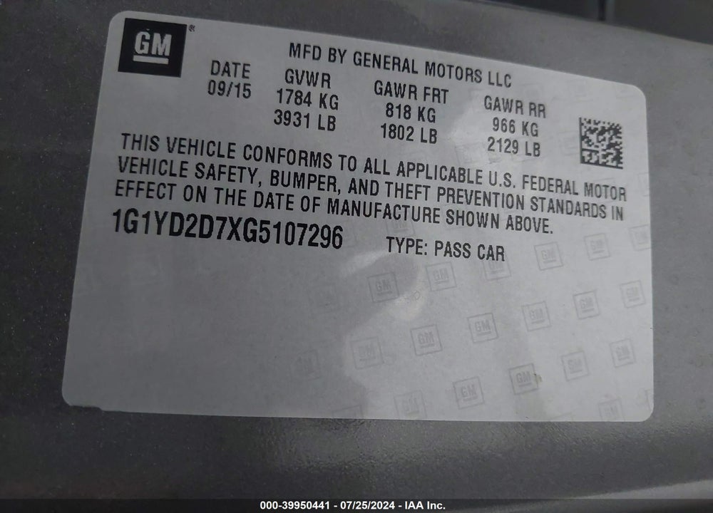 2016 CHEVROLET CORVETTE VIN: 1G1YD2D7XG5107296