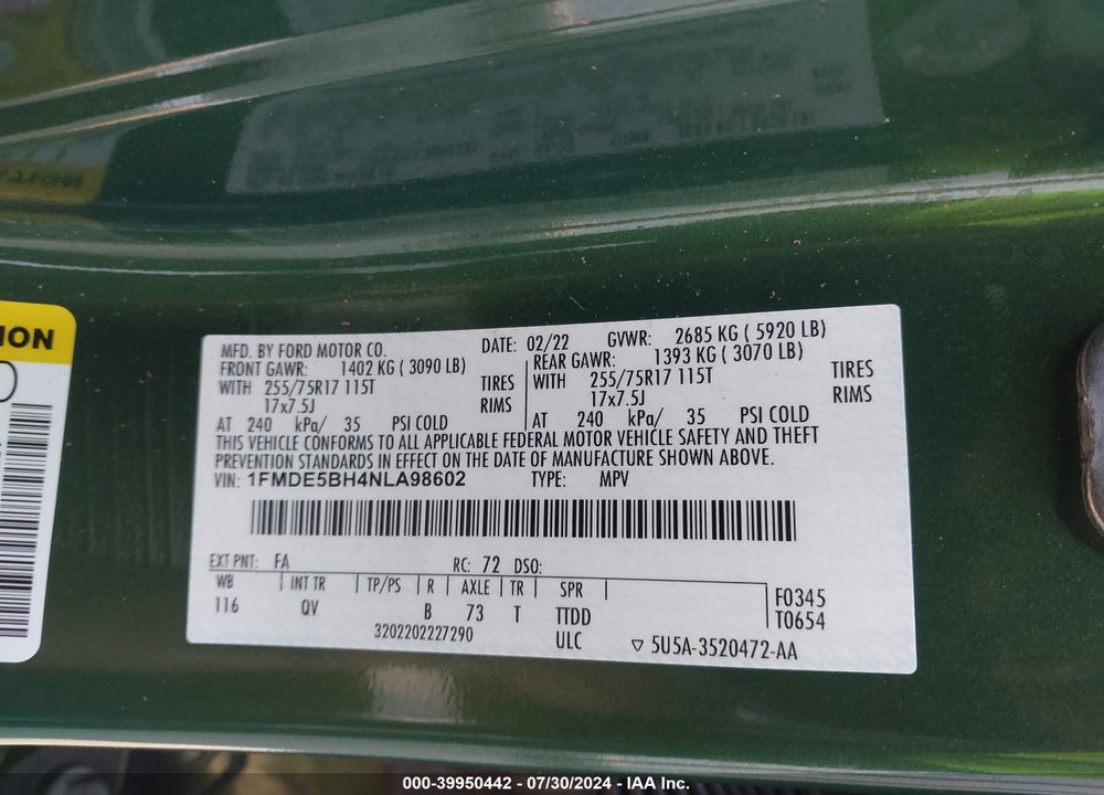 2022 FORD BRONCO BIG BEND VIN: 1FMDE5BH4NLA98602