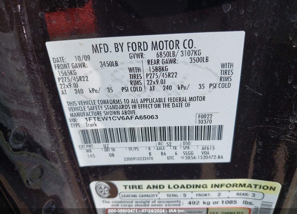 2010 HARLEY-DAVIDSON FORD F-150 FX2 SPORT//KING RANCH/LARIAT/PLATINUM/XL/XLT VIN: 1FTEW1CV6AFA65063