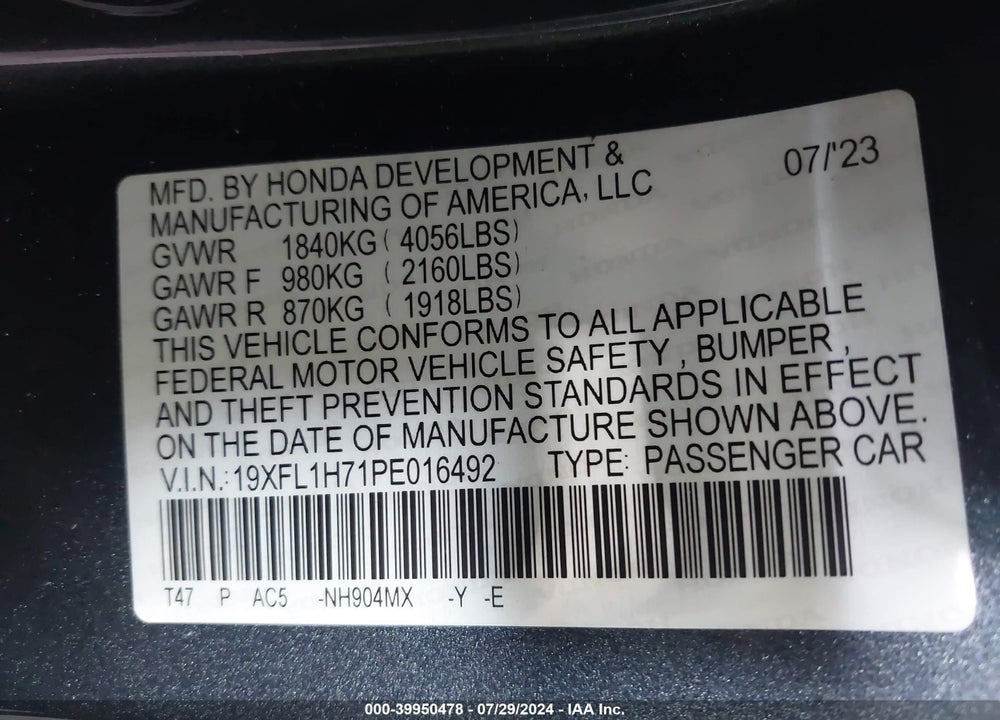 2023 HONDA CIVIC EX-L /EX-L W/O BSI VIN: 19XFL1H71PE016492