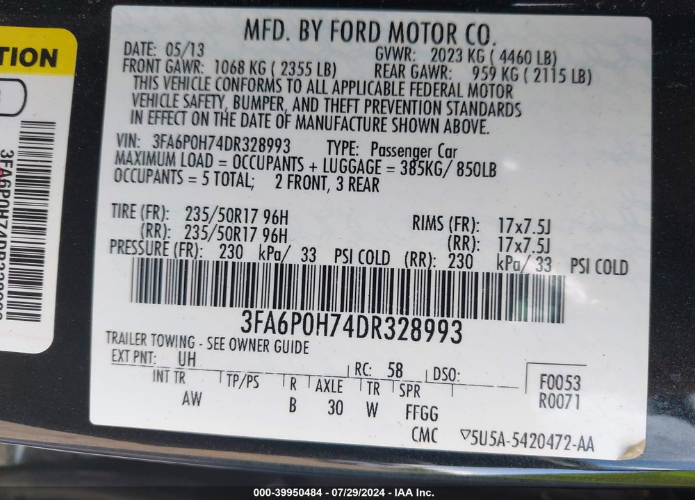 2013 FORD FUSION SE VIN: 3FA6P0H74DR328993