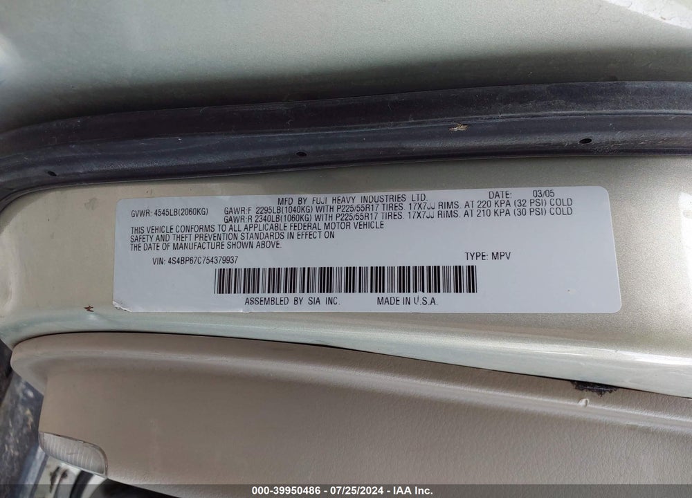 2005 SUBARU OUTBACK 2.5XT LIMITED VIN: 4S4BP67C754379937
