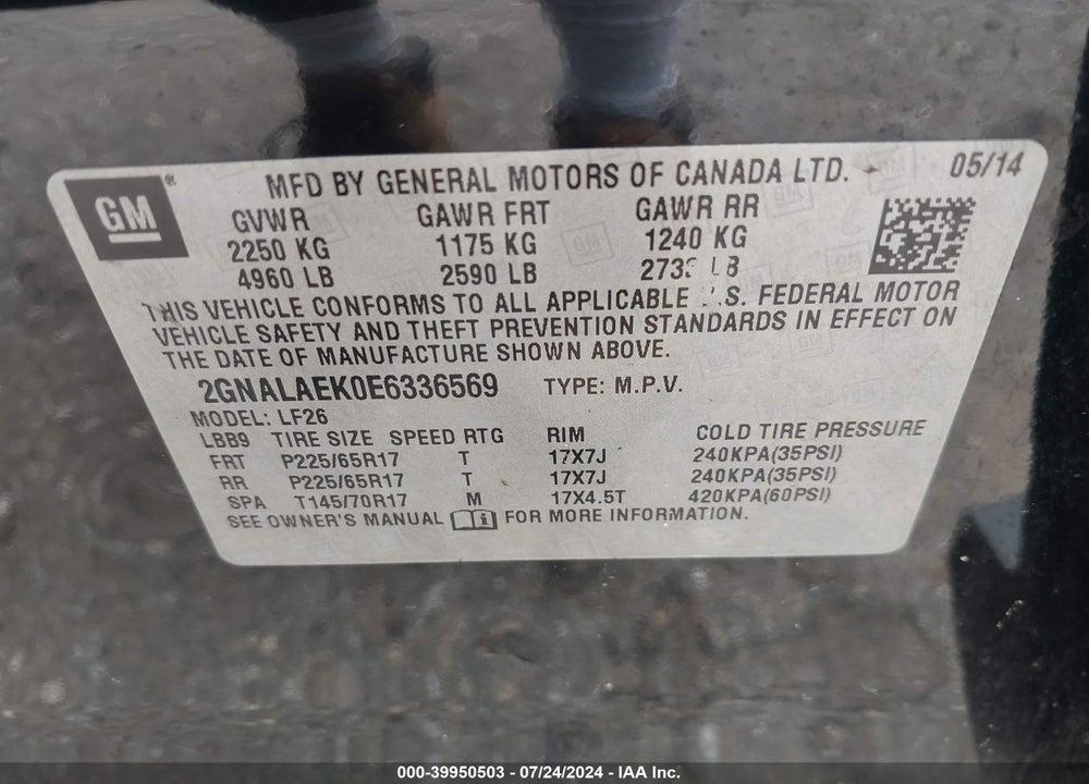 2014 CHEVROLET EQUINOX LS VIN: 2GNALAEK0E6336569