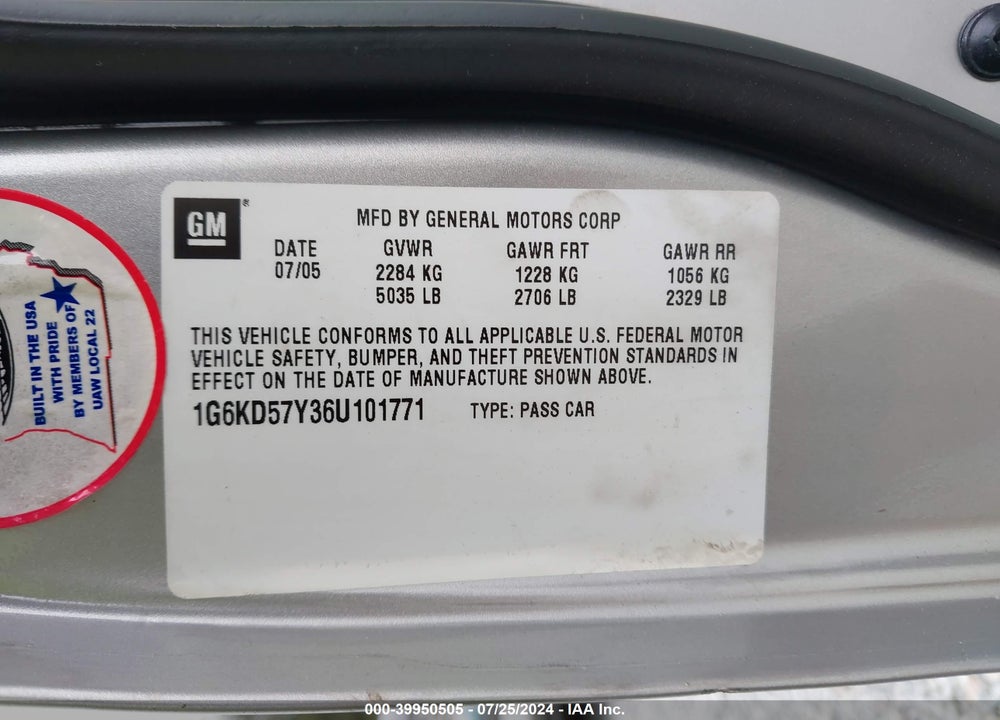 2006 CADILLAC DTS STANDARD VIN: 1G6KD57Y36U101771