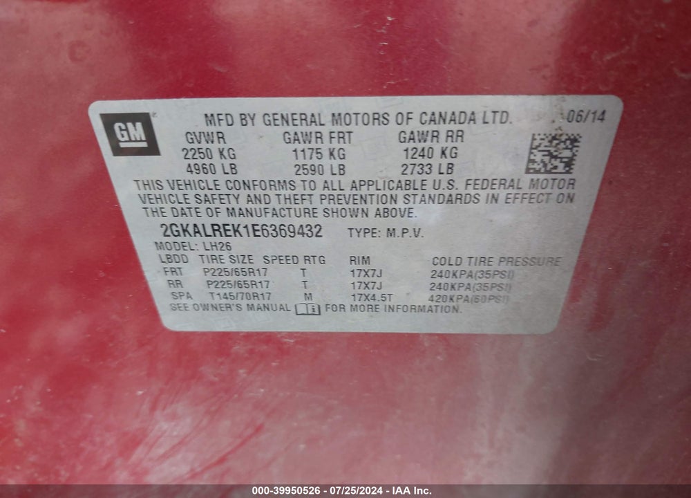 2014 GMC TERRAIN SLE-2 VIN: 2GKALREK1E6369432
