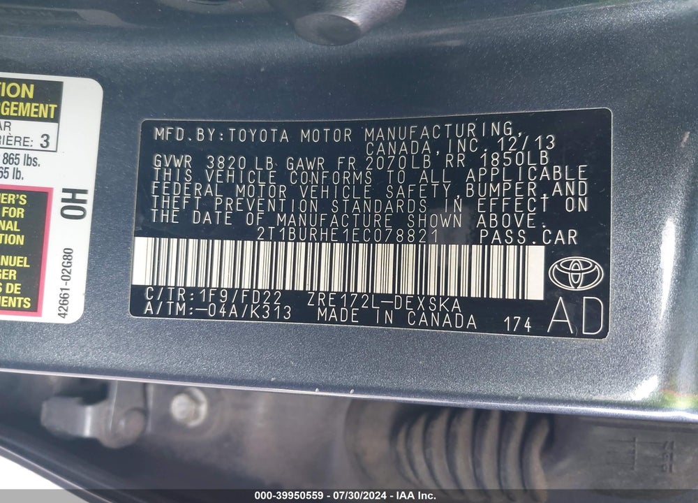 2014 TOYOTA COROLLA S PLUS VIN: 2T1BURHE1EC078821