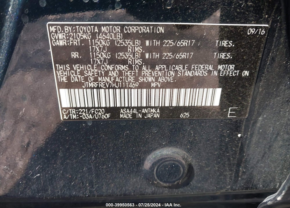 2017 TOYOTA RAV4 XLE VIN: JTMRFREV7HJ111469