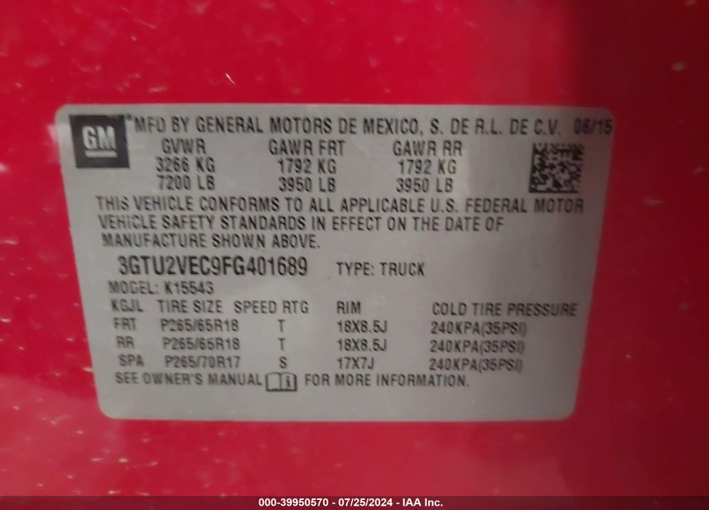 2015 GMC SIERRA 1500 SLT VIN: 3GTU2VEC9FG401689