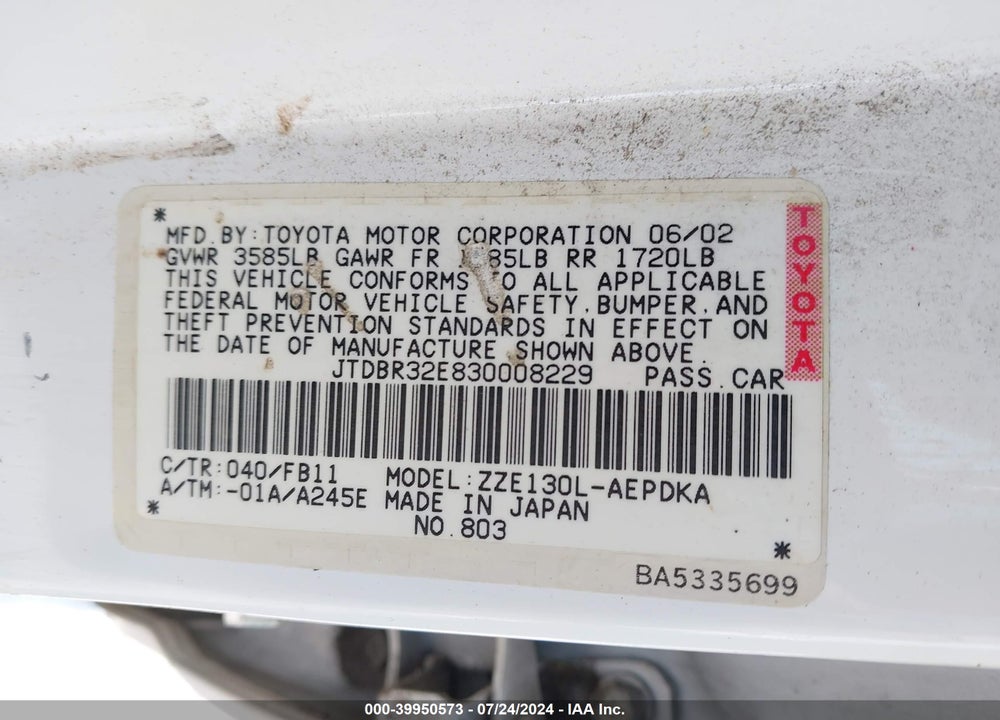 2003 TOYOTA COROLLA CE/LE VIN: JTDBR32E830008229