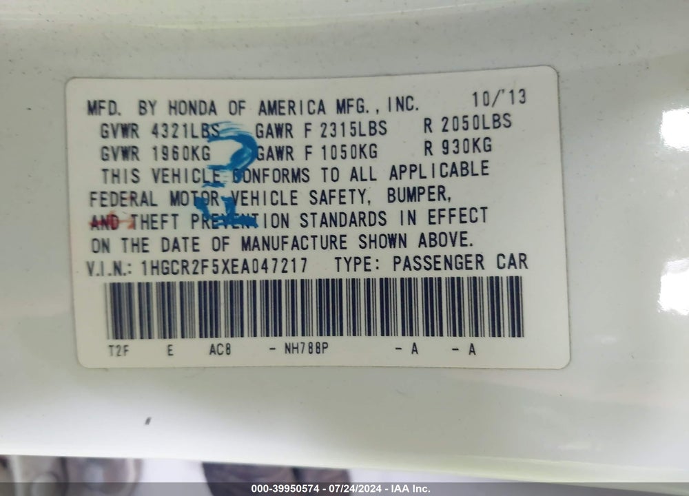 2014 HONDA ACCORD SPORT VIN: 1HGCR2F5XEA047217