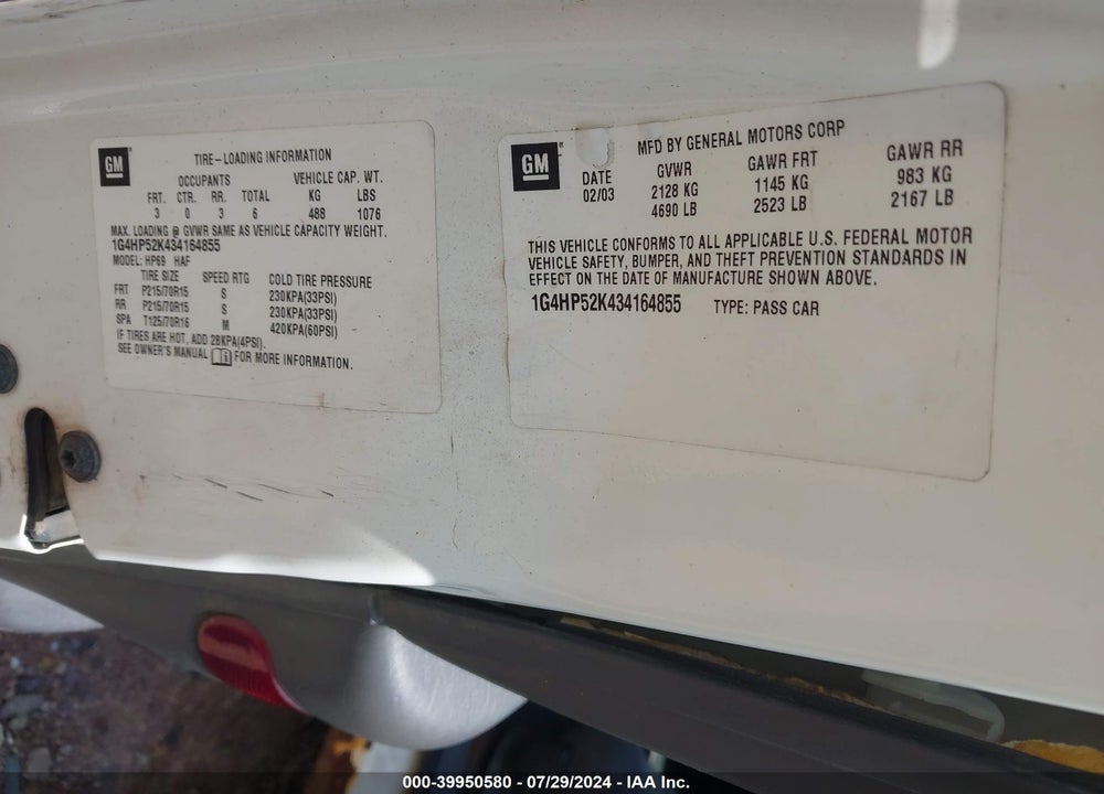 2003 BUICK LESABRE CUSTOM VIN: 1G4HP52K434164855