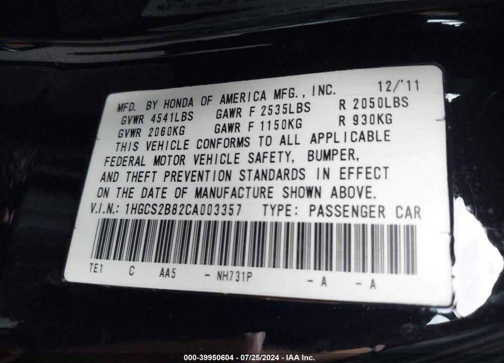 2012 HONDA ACCORD 3.5 EX-L VIN: 1HGCS2B82CA003357