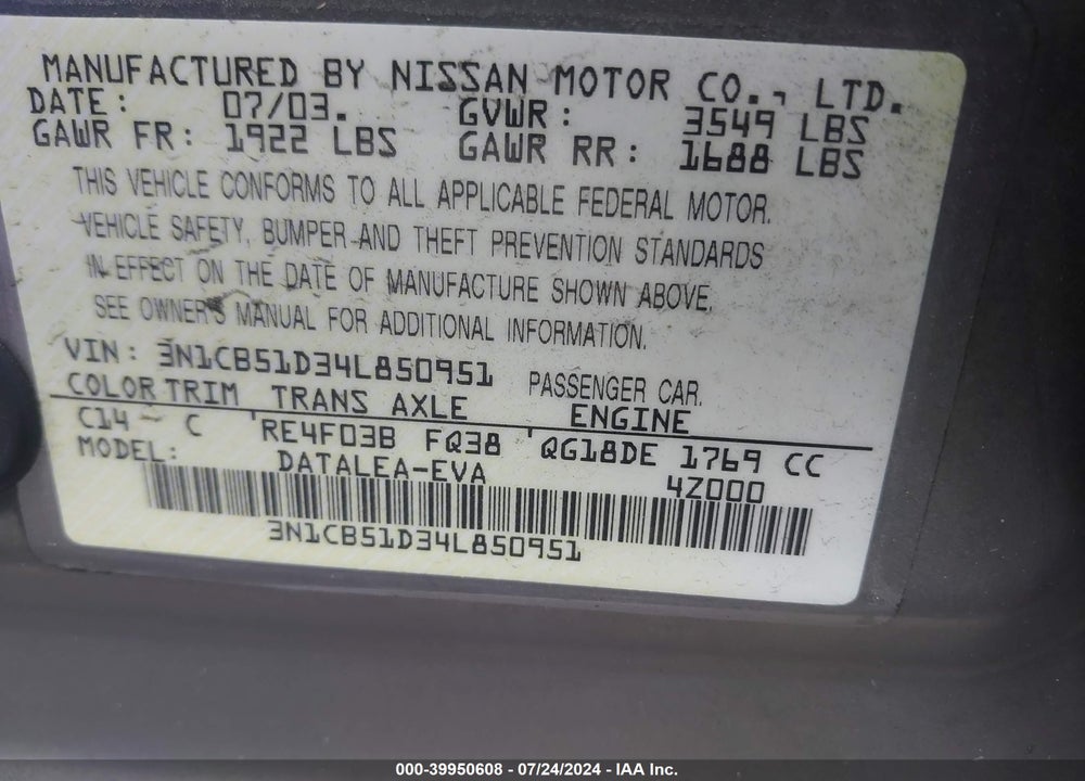 2004 NISSAN SENTRA 1.8S VIN: 3N1CB51D34L850951
