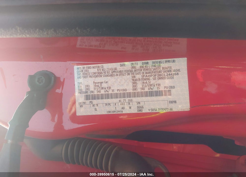 2012 FORD FOCUS SE VIN: 1FAHP3F28CL244268