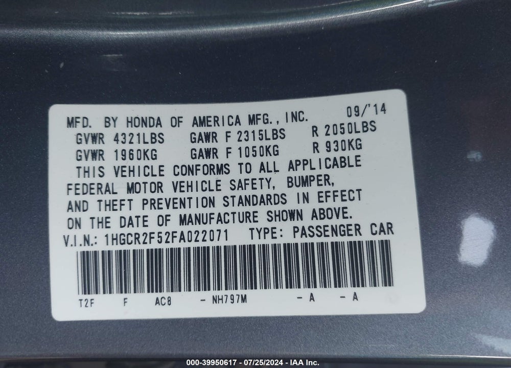 2015 HONDA ACCORD SPORT VIN: 1HGCR2F52FA022071