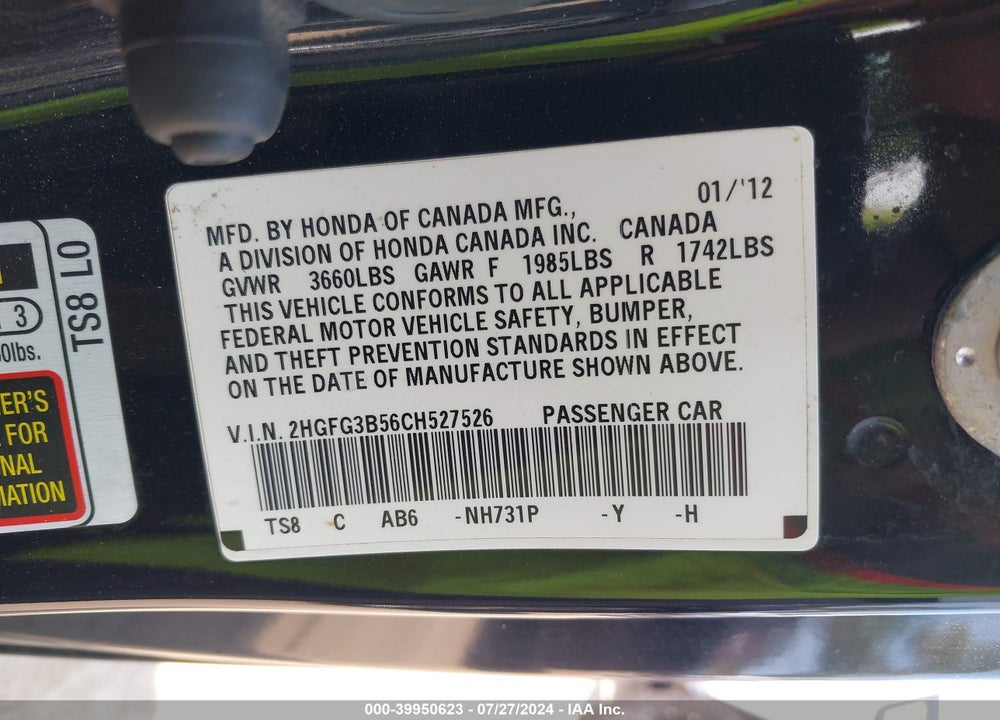 2012 HONDA CIVIC LX VIN: 2HGFG3B56CH527526