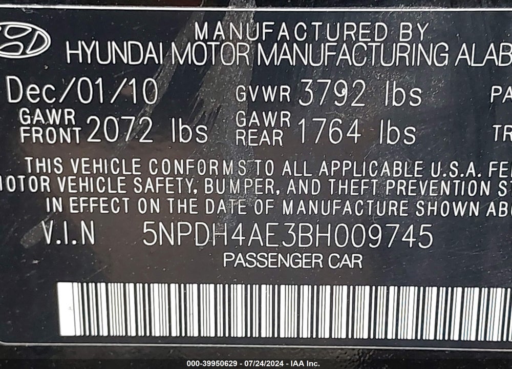 2011 HYUNDAI ELANTRA GLS VIN: 5NPDH4AE3BH009745