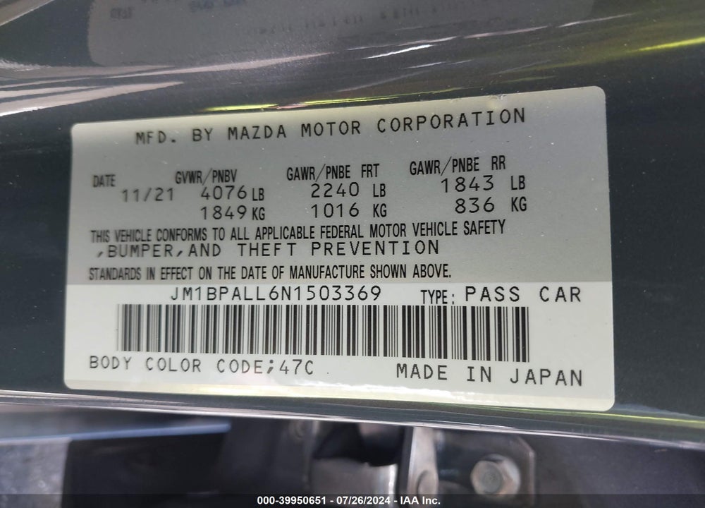 2022 MAZDA 3 CARBON EDITION VIN: JM1BPALL6N1503369