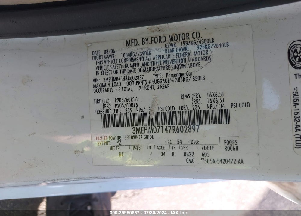 2007 MERCURY MILAN V6 VIN: 3MEHM07147R602897