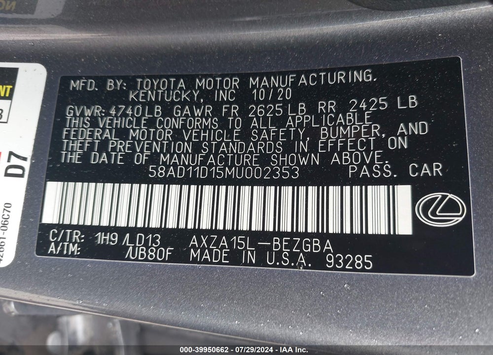 2021 LEXUS ES 250 VIN: 58AD11D15MU002353