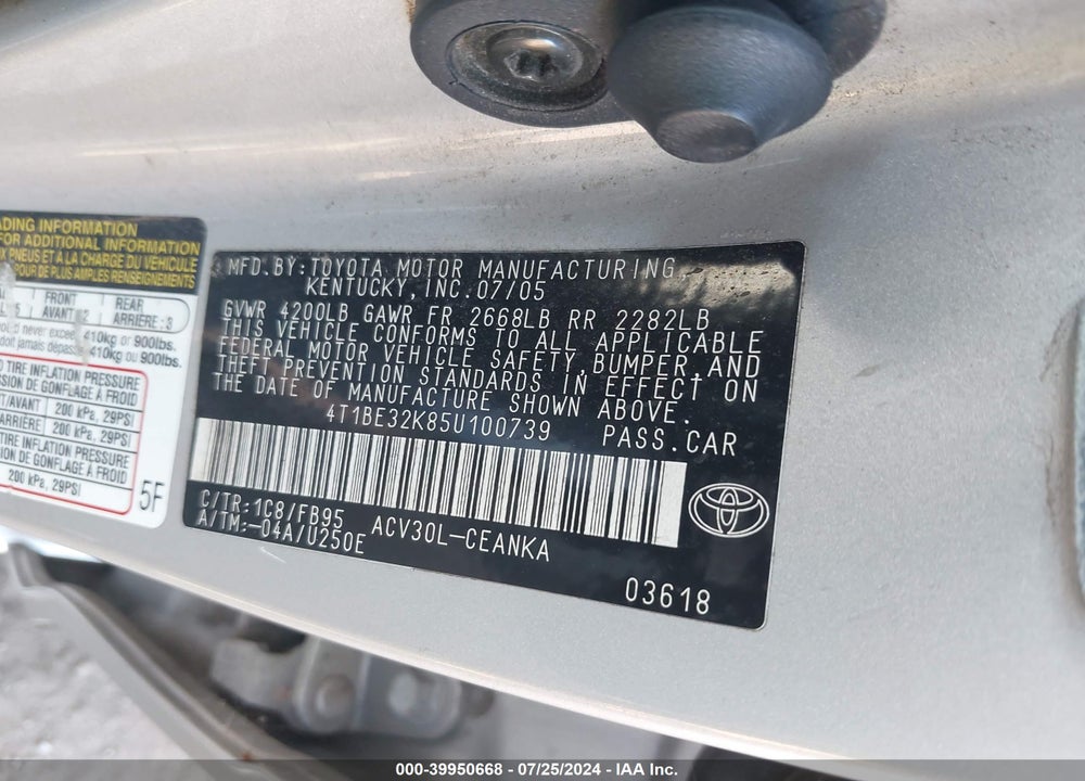 2005 TOYOTA CAMRY LE/SE/STD/XLE VIN: 4T1BE32K85U100739