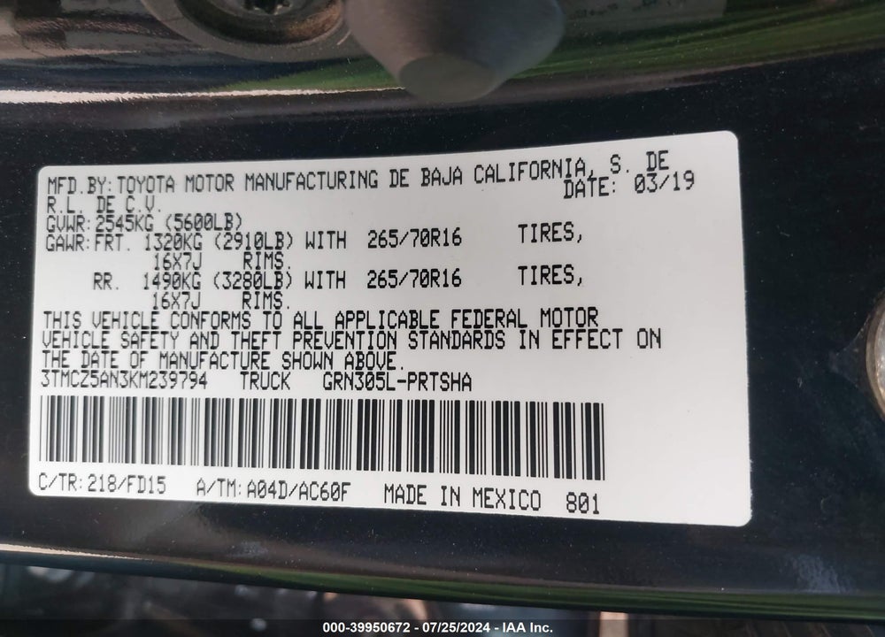 2019 TOYOTA TACOMA TRD OFF ROAD VIN: 3TMCZ5AN3KM239794