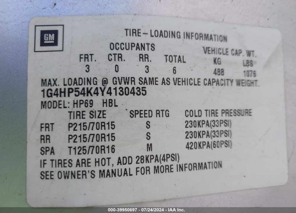2000 BUICK LESABRE CUSTOM VIN: 1G4HP54K4Y4130435