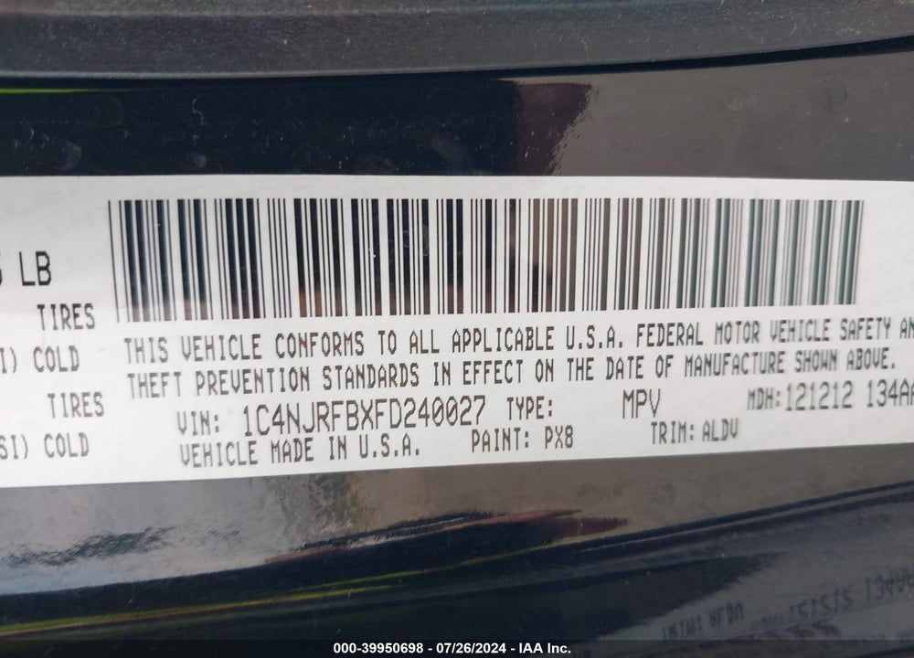 2015 JEEP PATRIOT HIGH ALTITUDE EDITION VIN: 1C4NJRFBXFD240027
