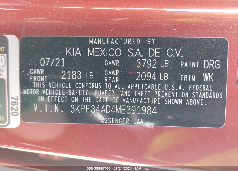 2021 KIA FORTE GT LINE VIN: 3KPF34AD4ME391984