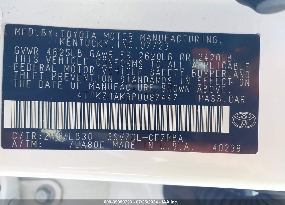 2023 TOYOTA CAMRY XSE V6 VIN: 4T1KZ1AK9PU087447